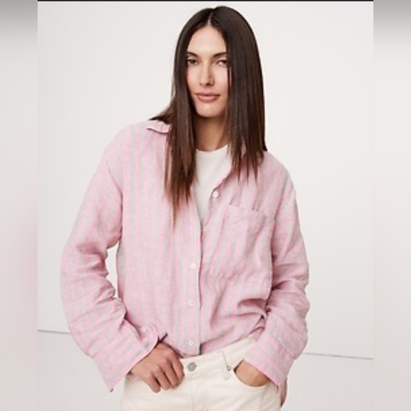 Banana Republic Pink Gray Striped Preppy Nautical Oversized Linen Shirt - Picture 1 of 5